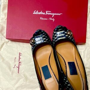 Salvatore Ferragamo Black Croc-Embossed Flats